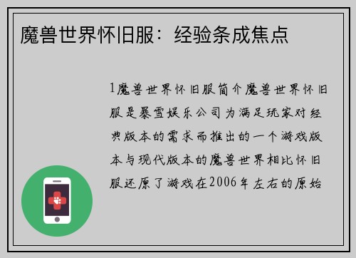 魔兽世界怀旧服：经验条成焦点